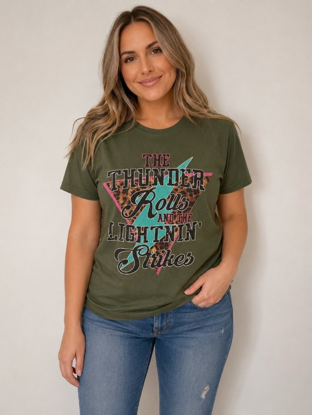 Thunder Rolls and the Lightnin' Strikes Graphic Tee XXL Olive Green Western